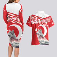 Personalized Gray Wolf Turkey Couples Matching Long Sleeve Bodycon Dress and Hawaiian Shirt Turkish Mountain - Wonder Print Shop