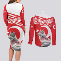 Personalized Gray Wolf Turkey Couples Matching Long Sleeve Bodycon Dress and Long Sleeve Button Shirt Turkish Mountain - Wonder Print Shop