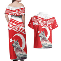 Personalized Gray Wolf Turkey Couples Matching Off Shoulder Maxi Dress and Hawaiian Shirt Turkish Mountain - Wonder Print Shop