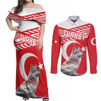 Personalized Gray Wolf Turkey Couples Matching Off Shoulder Maxi Dress and Long Sleeve Button Shirt Turkish Mountain - Wonder Print Shop