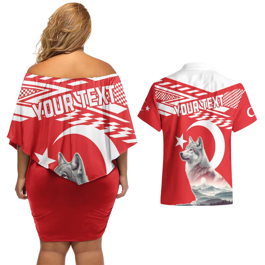 Personalized Gray Wolf Turkey Couples Matching Off Shoulder Short Dress and Hawaiian Shirt Turkish Mountain - Wonder Print Shop