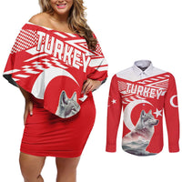Personalized Gray Wolf Turkey Couples Matching Off Shoulder Short Dress and Long Sleeve Button Shirt Turkish Mountain - Wonder Print Shop