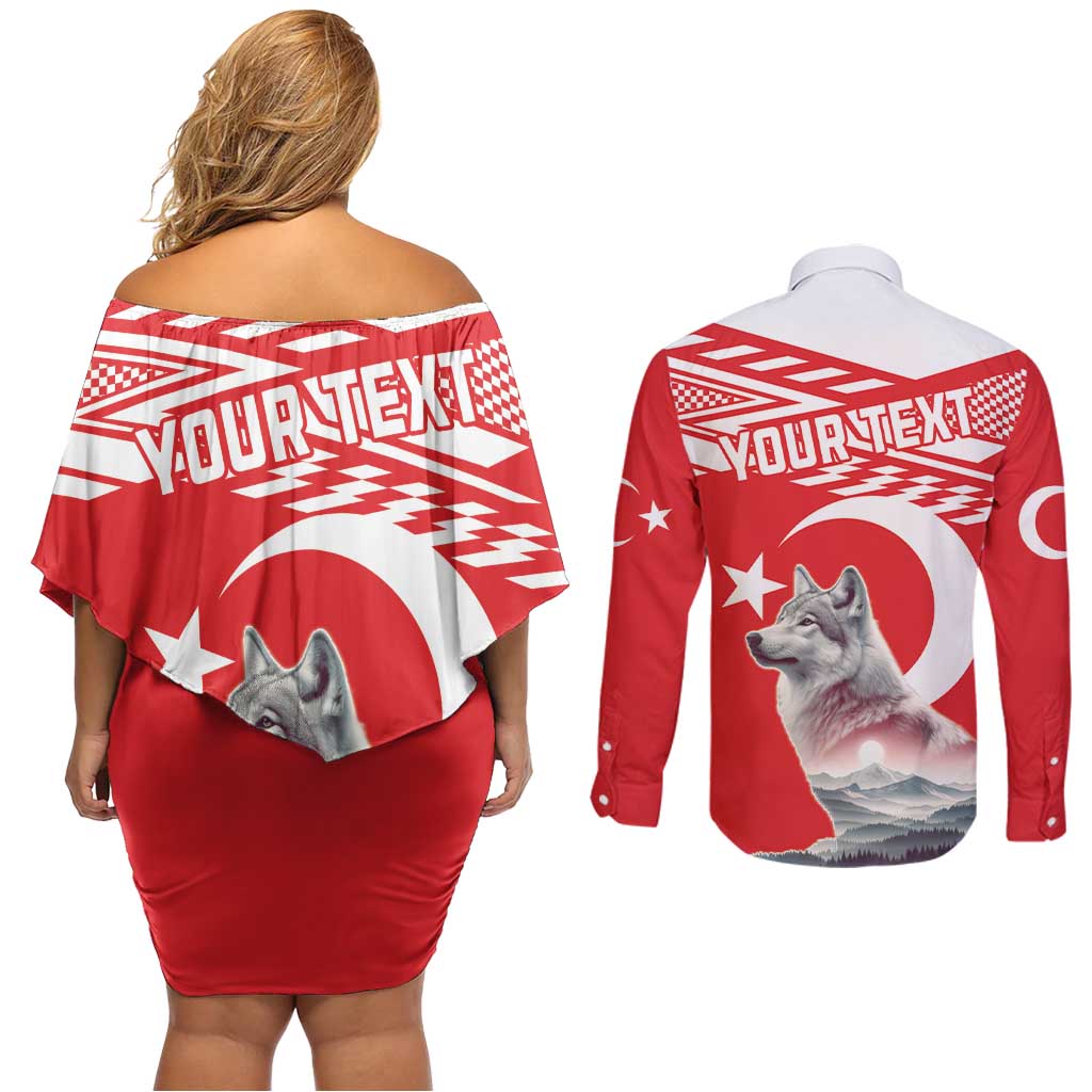 Personalized Gray Wolf Turkey Couples Matching Off Shoulder Short Dress and Long Sleeve Button Shirt Turkish Mountain - Wonder Print Shop