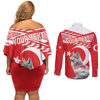 Personalized Gray Wolf Turkey Couples Matching Off Shoulder Short Dress and Long Sleeve Button Shirt Turkish Mountain - Wonder Print Shop