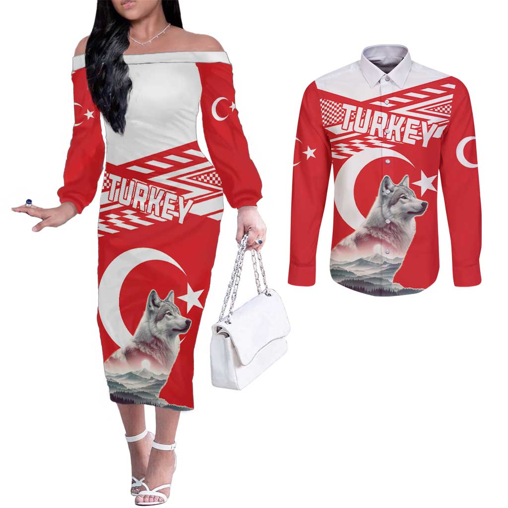 Personalized Gray Wolf Turkey Couples Matching Off The Shoulder Long Sleeve Dress and Long Sleeve Button Shirt Turkish Mountain