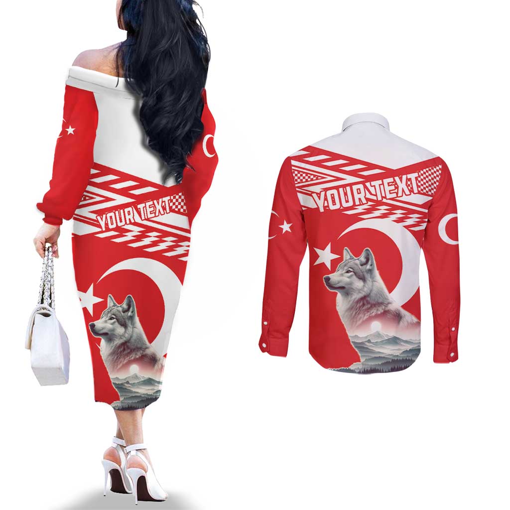 Personalized Gray Wolf Turkey Couples Matching Off The Shoulder Long Sleeve Dress and Long Sleeve Button Shirt Turkish Mountain