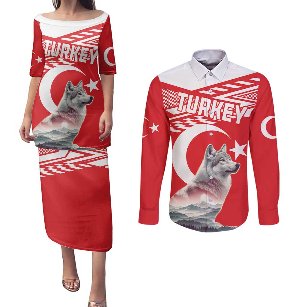 Personalized Gray Wolf Turkey Couples Matching Puletasi and Long Sleeve Button Shirt Turkish Mountain - Wonder Print Shop