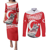 Personalized Gray Wolf Turkey Couples Matching Puletasi and Long Sleeve Button Shirt Turkish Mountain - Wonder Print Shop