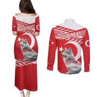 Personalized Gray Wolf Turkey Couples Matching Puletasi and Long Sleeve Button Shirt Turkish Mountain - Wonder Print Shop