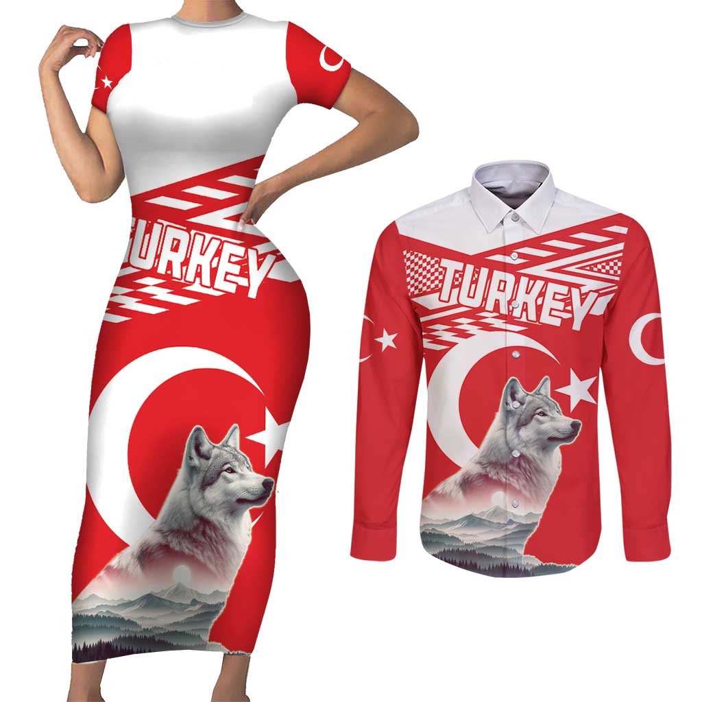 Personalized Gray Wolf Turkey Couples Matching Short Sleeve Bodycon Dress and Long Sleeve Button Shirt Turkish Mountain - Wonder Print Shop