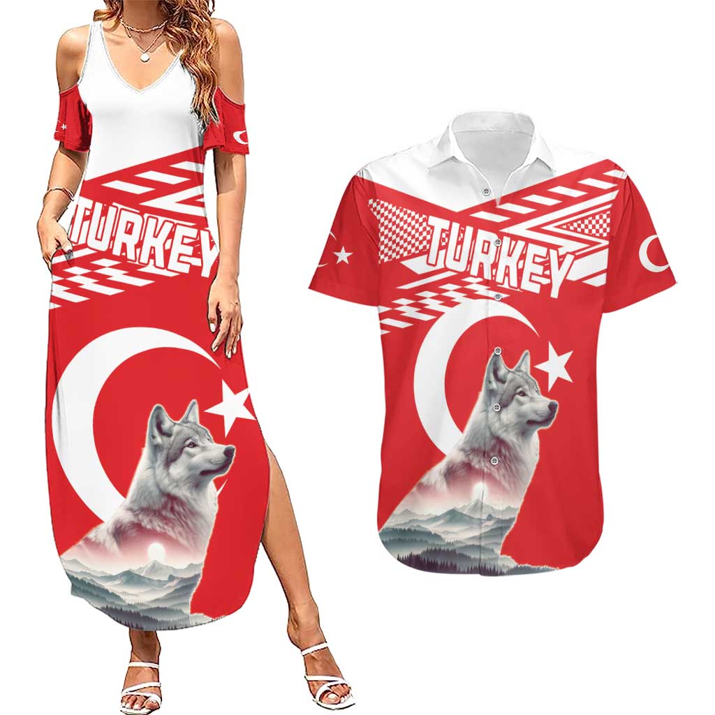 Personalized Gray Wolf Turkey Couples Matching Summer Maxi Dress and Hawaiian Shirt Turkish Mountain - Wonder Print Shop