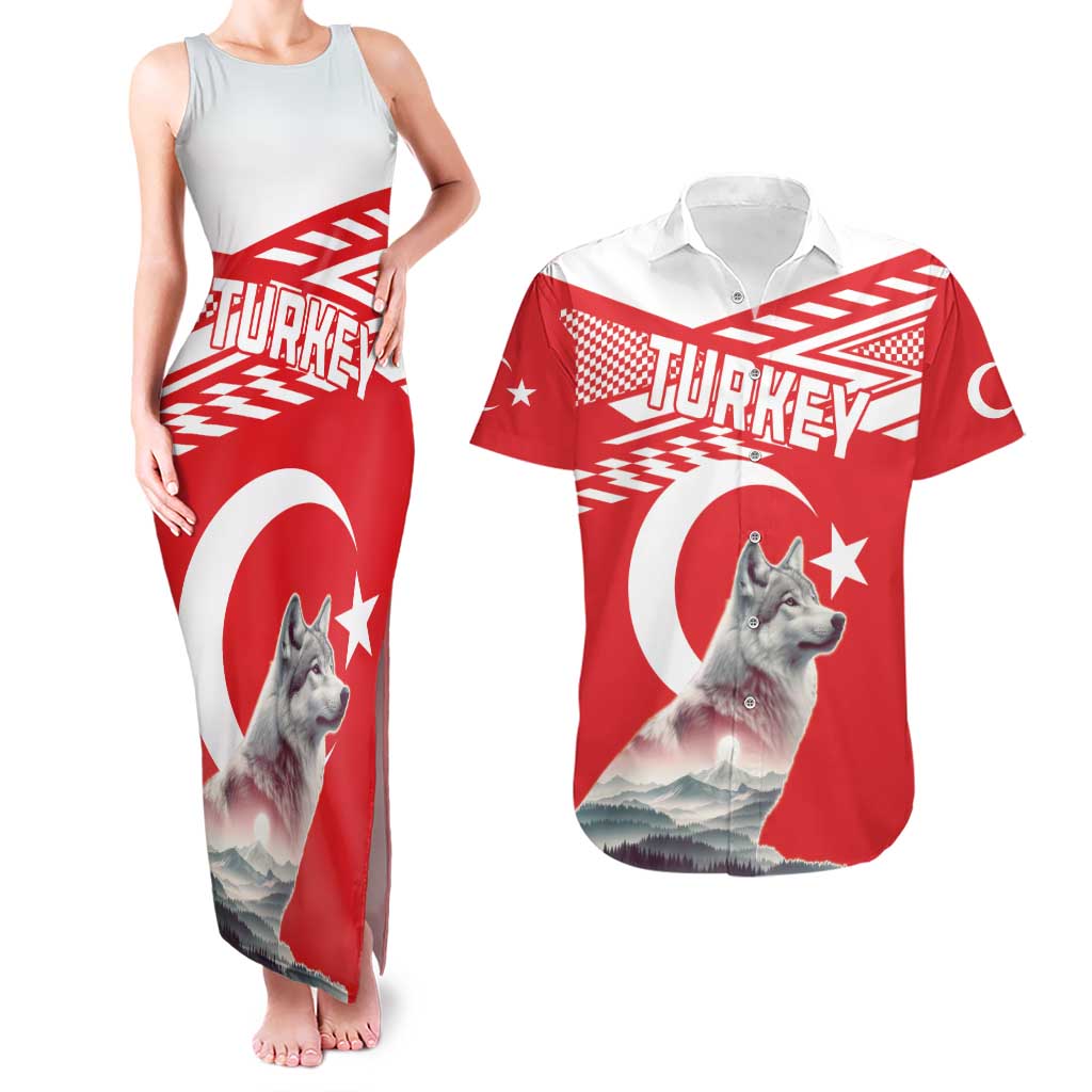 Personalized Gray Wolf Turkey Couples Matching Tank Maxi Dress and Hawaiian Shirt Turkish Mountain - Wonder Print Shop