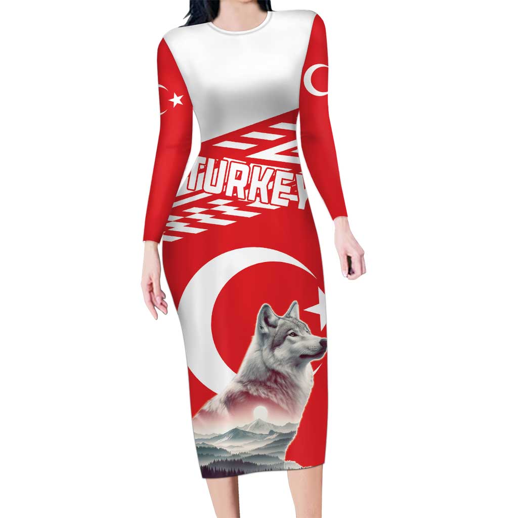 Personalized Gray Wolf Turkey Long Sleeve Bodycon Dress Turkish Mountain - Wonder Print Shop