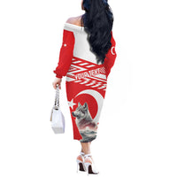 Personalized Gray Wolf Turkey Off The Shoulder Long Sleeve Dress Turkish Mountain - Wonder Print Shop