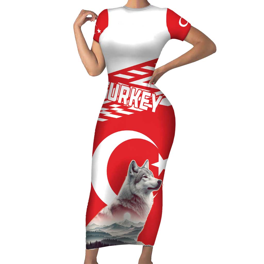Personalized Gray Wolf Turkey Short Sleeve Bodycon Dress Turkish Mountain - Wonder Print Shop