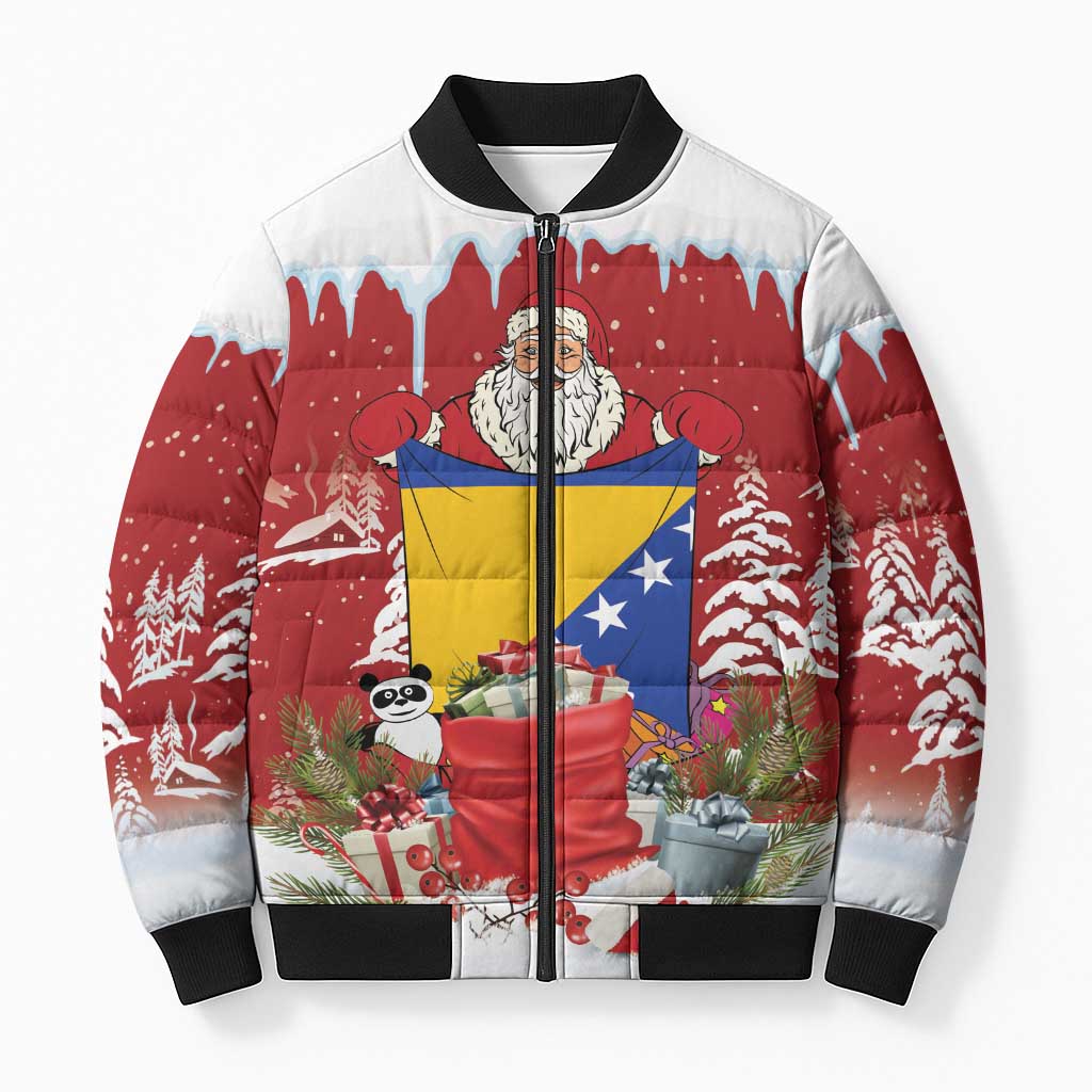 Bosnia and Herzegovina Christmas Bomber Puffer Jacket Santa With National Flag - Wonder Print Shop