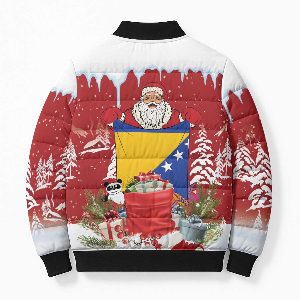 Bosnia and Herzegovina Christmas Bomber Puffer Jacket Santa With National Flag - Wonder Print Shop
