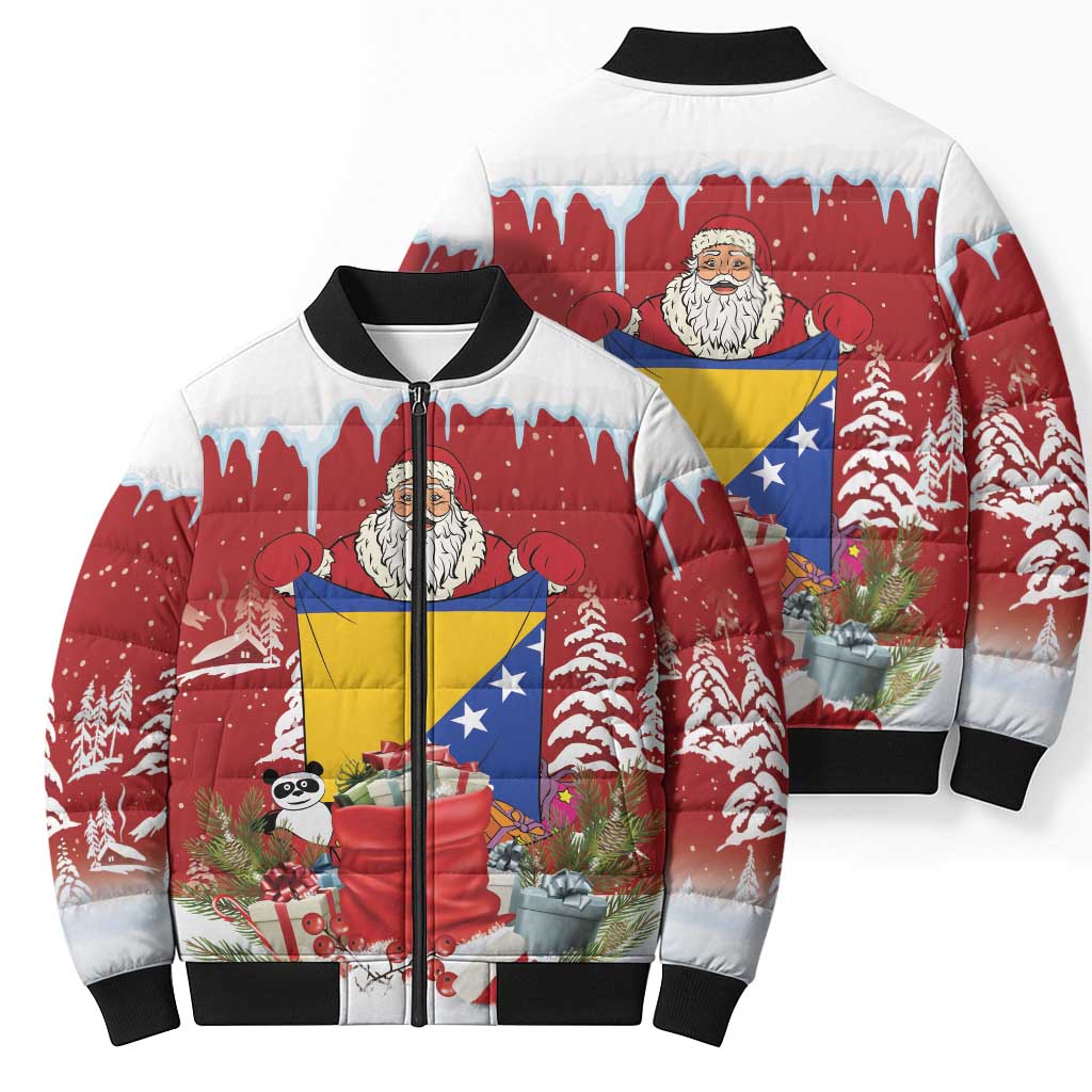 Bosnia and Herzegovina Christmas Bomber Puffer Jacket Santa With National Flag - Wonder Print Shop