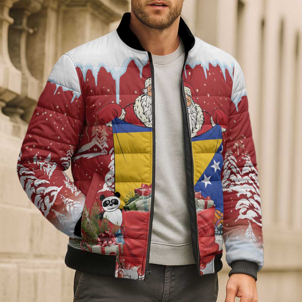 Bosnia and Herzegovina Christmas Bomber Puffer Jacket Santa With National Flag - Wonder Print Shop
