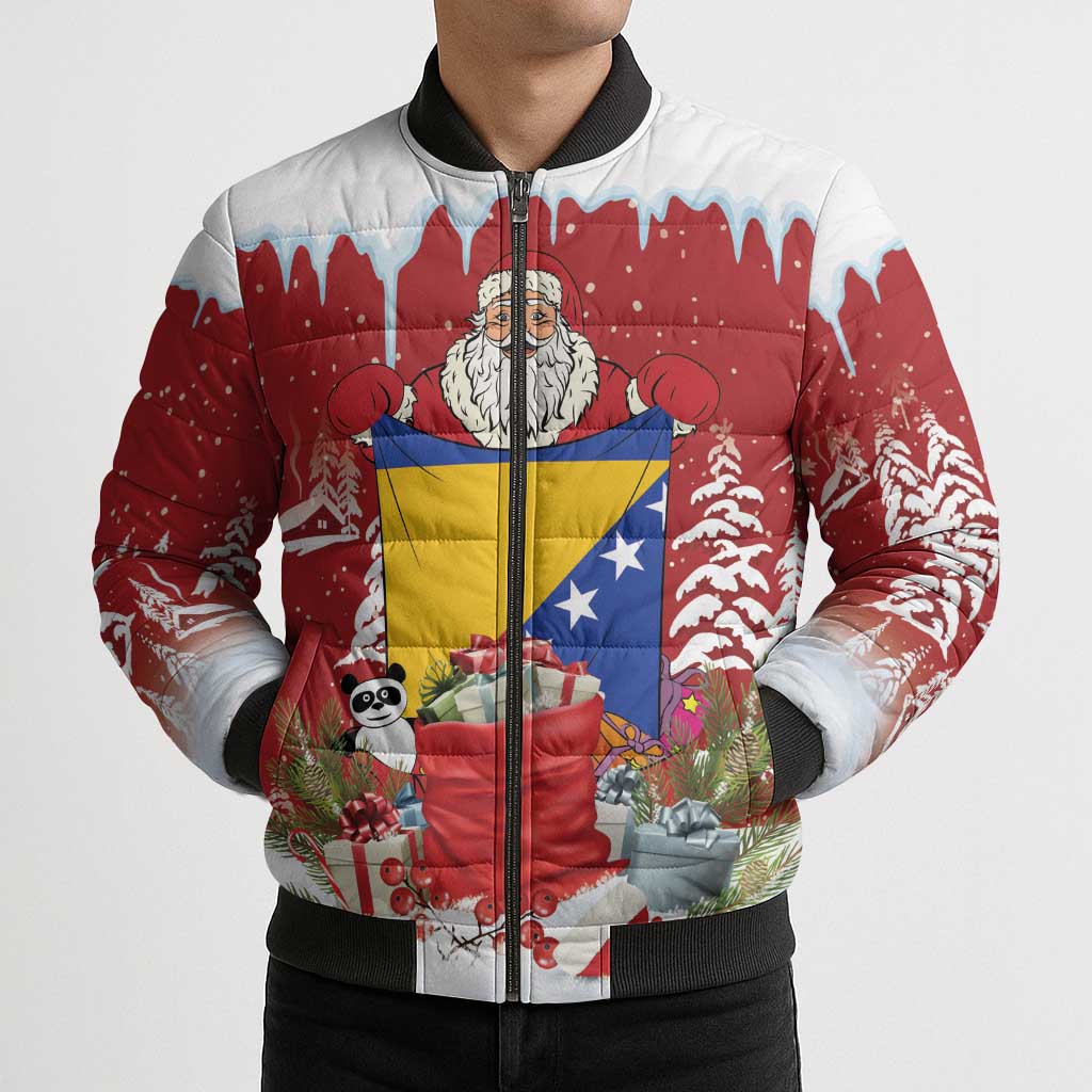 Bosnia and Herzegovina Christmas Bomber Puffer Jacket Santa With National Flag - Wonder Print Shop