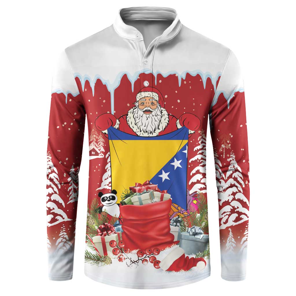 Bosnia and Herzegovina Christmas Button Sweatshirt Santa With National Flag - Wonder Print Shop