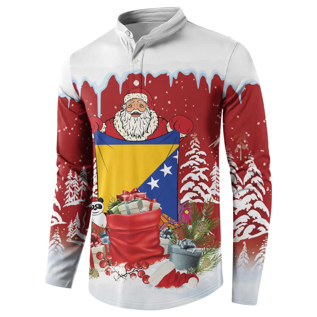 Bosnia and Herzegovina Christmas Button Sweatshirt Santa With National Flag - Wonder Print Shop