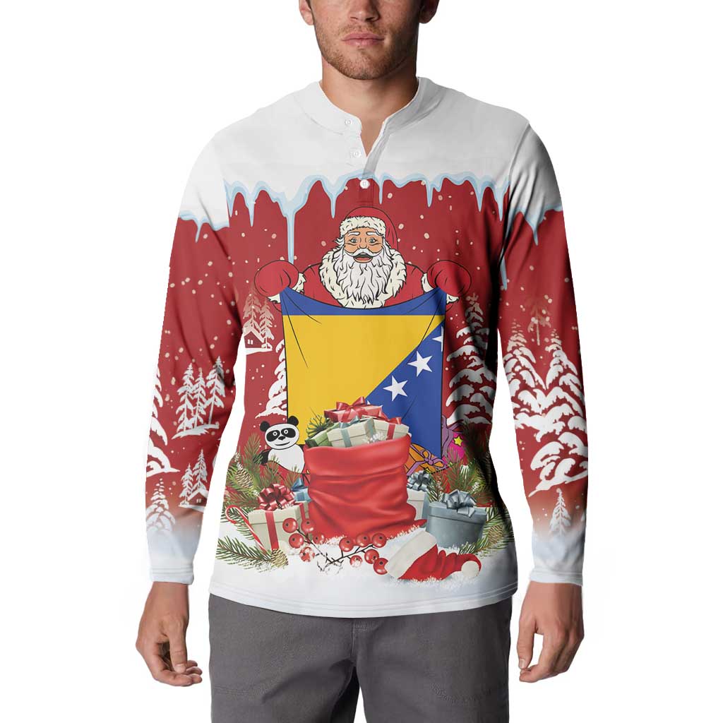 Bosnia and Herzegovina Christmas Button Sweatshirt Santa With National Flag - Wonder Print Shop