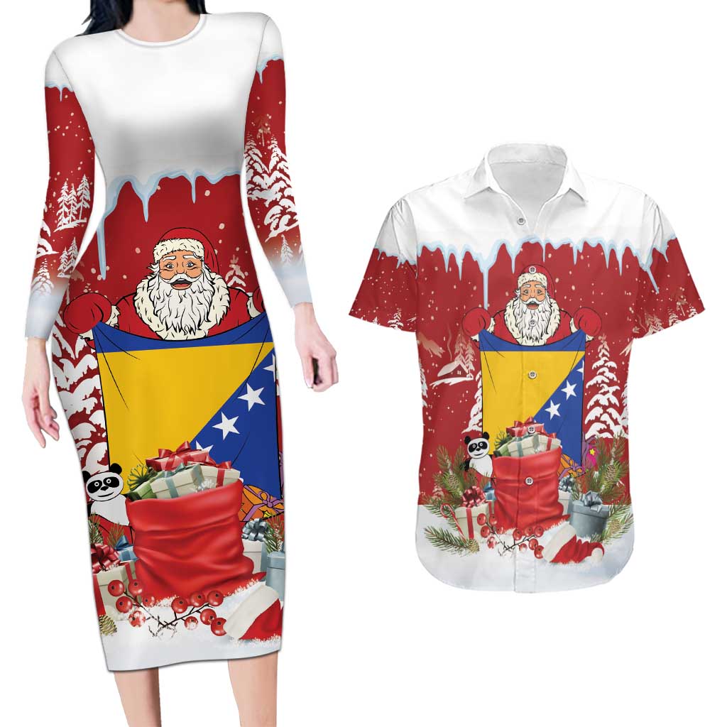 Bosnia and Herzegovina Christmas Couples Matching Long Sleeve Bodycon Dress and Hawaiian Shirt Santa With National Flag - Wonder Print Shop