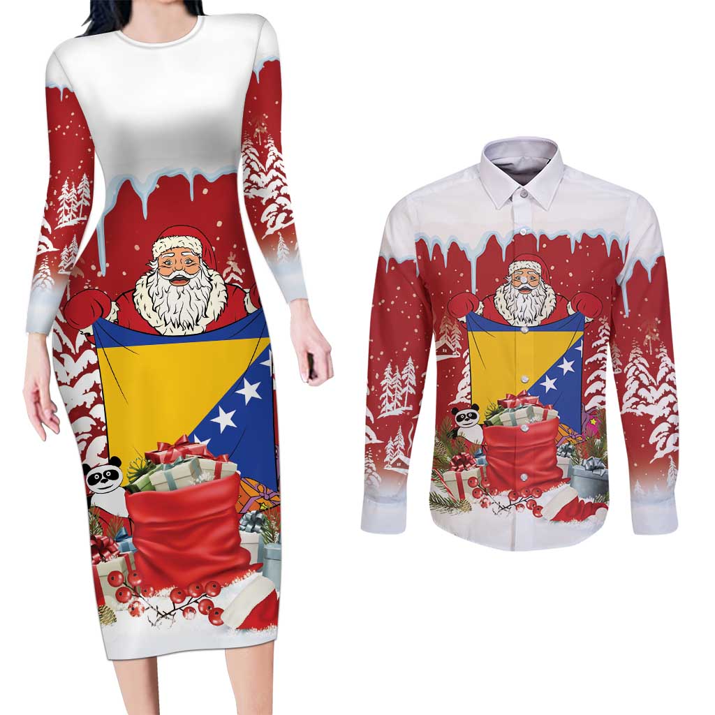 Bosnia and Herzegovina Christmas Couples Matching Long Sleeve Bodycon Dress and Long Sleeve Button Shirt Santa With National Flag - Wonder Print Shop