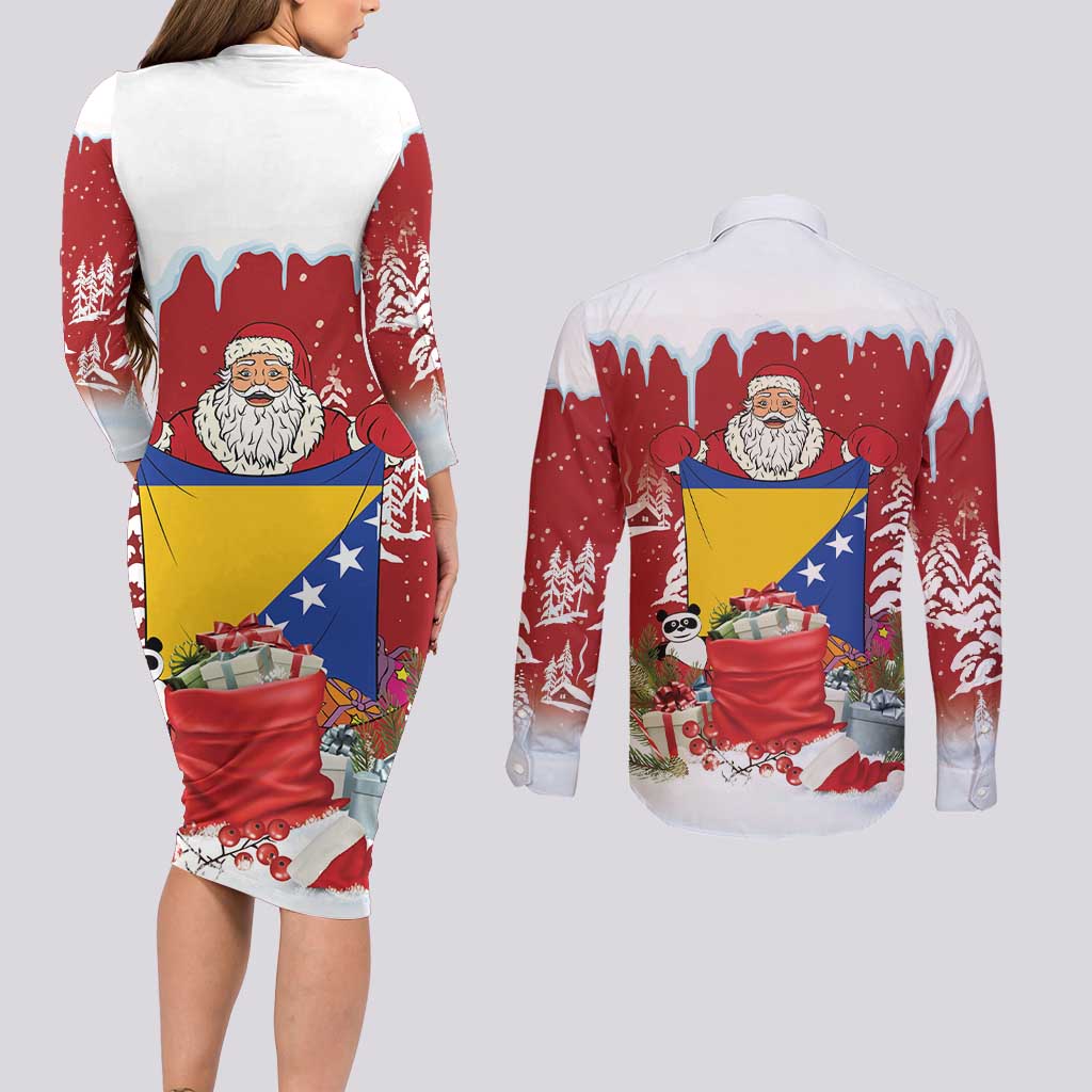 Bosnia and Herzegovina Christmas Couples Matching Long Sleeve Bodycon Dress and Long Sleeve Button Shirt Santa With National Flag - Wonder Print Shop