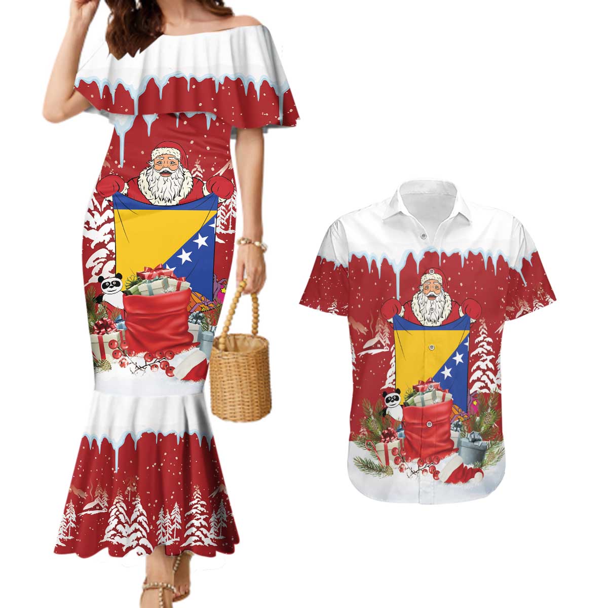 Bosnia and Herzegovina Christmas Couples Matching Mermaid Dress and Hawaiian Shirt Santa With National Flag - Wonder Print Shop