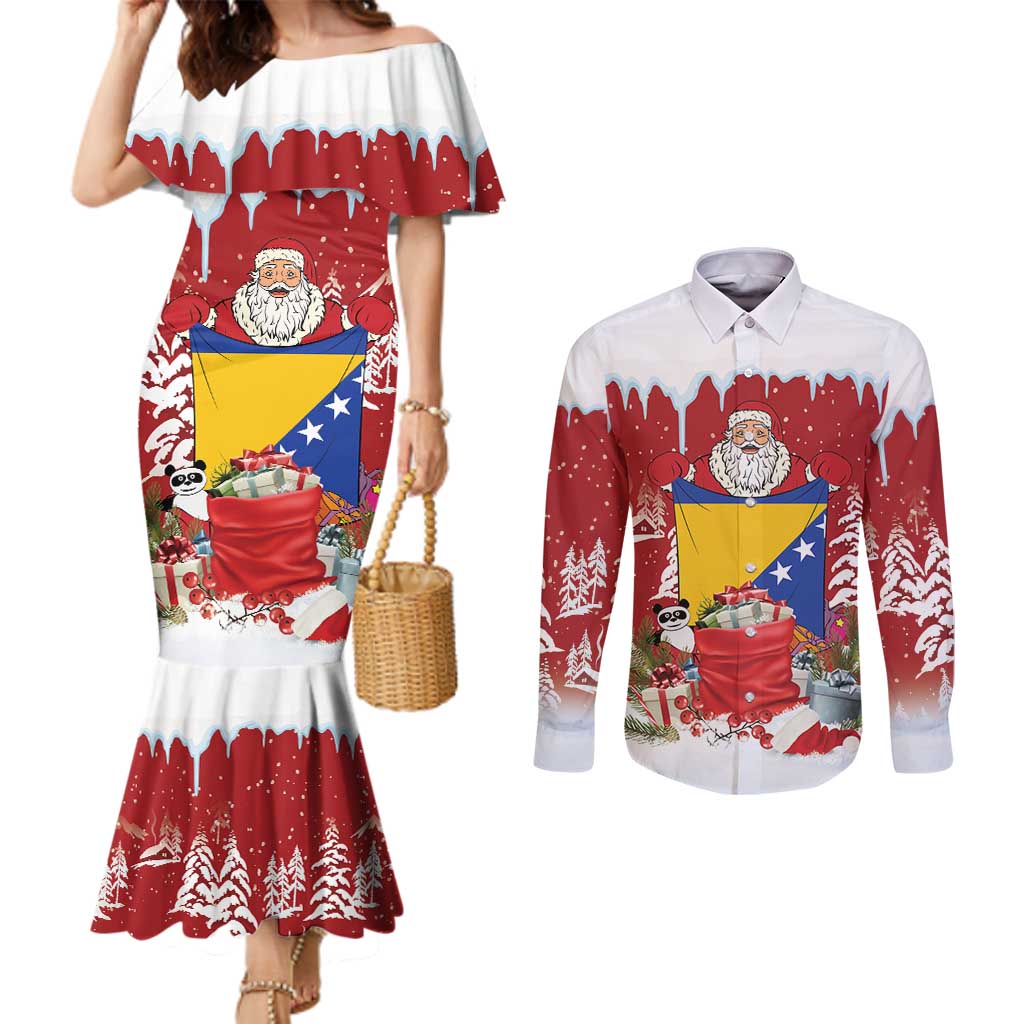 Bosnia and Herzegovina Christmas Couples Matching Mermaid Dress and Long Sleeve Button Shirt Santa With National Flag - Wonder Print Shop