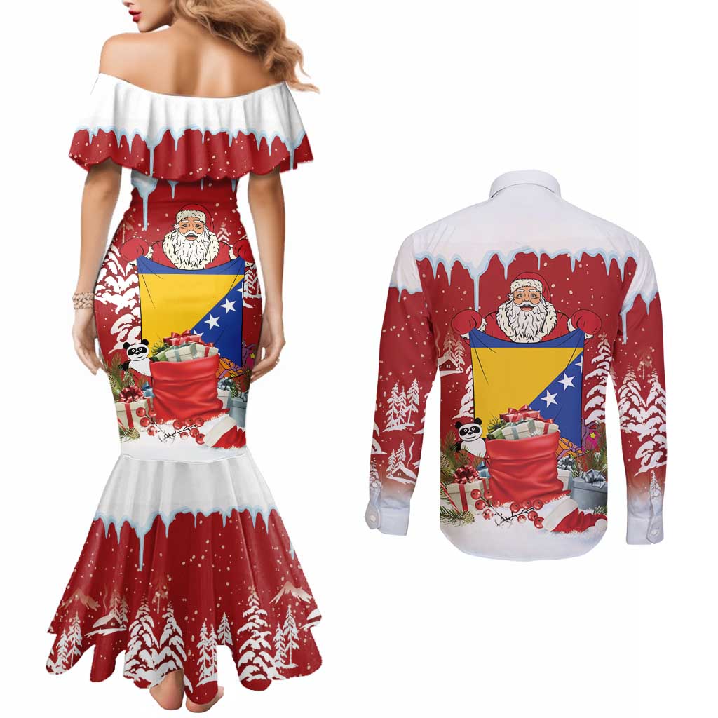 Bosnia and Herzegovina Christmas Couples Matching Mermaid Dress and Long Sleeve Button Shirt Santa With National Flag - Wonder Print Shop
