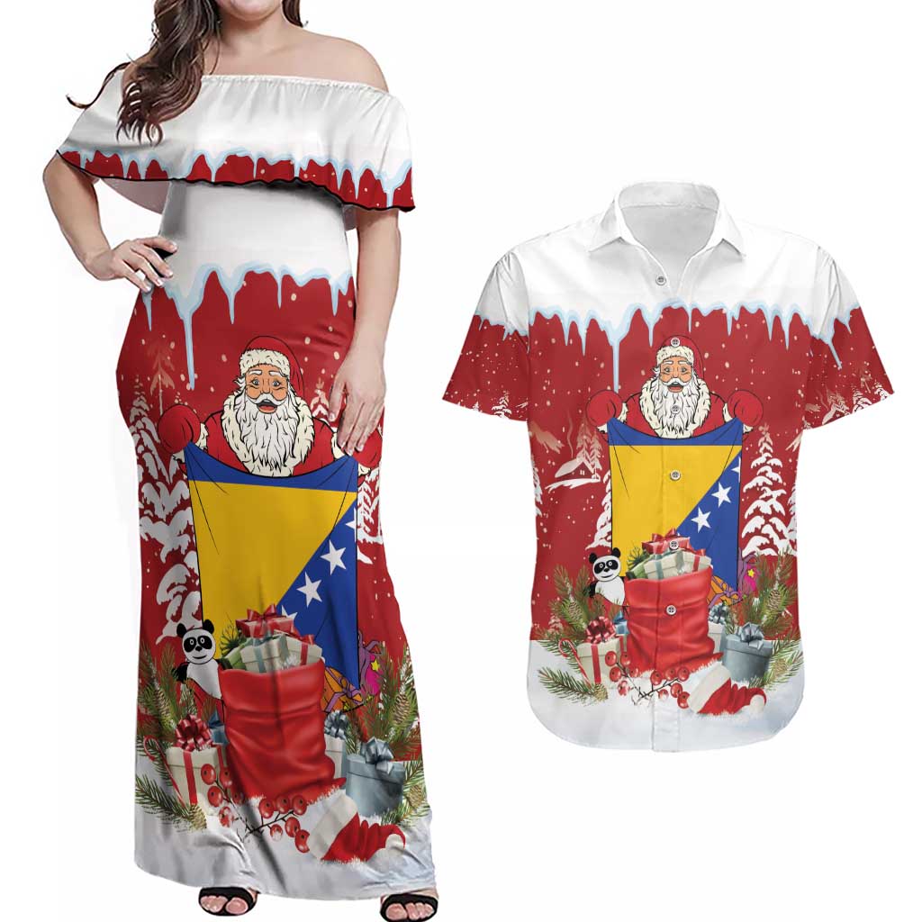 Bosnia and Herzegovina Christmas Couples Matching Off Shoulder Maxi Dress and Hawaiian Shirt Santa With National Flag - Wonder Print Shop