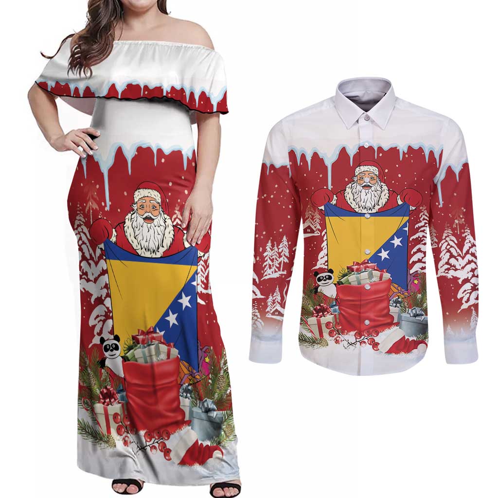 Bosnia and Herzegovina Christmas Couples Matching Off Shoulder Maxi Dress and Long Sleeve Button Shirt Santa With National Flag - Wonder Print Shop