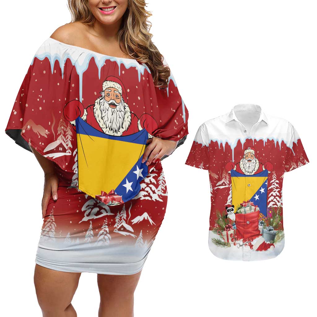 Bosnia and Herzegovina Christmas Couples Matching Off Shoulder Short Dress and Hawaiian Shirt Santa With National Flag - Wonder Print Shop