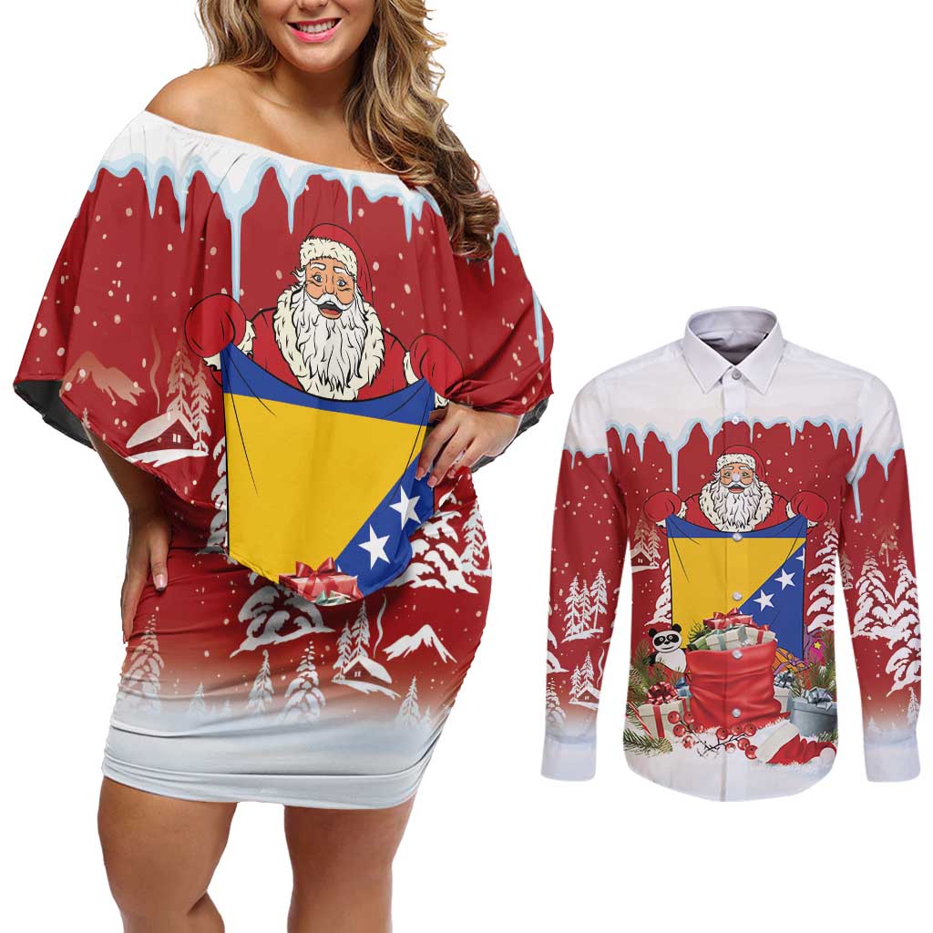 Bosnia and Herzegovina Christmas Couples Matching Off Shoulder Short Dress and Long Sleeve Button Shirt Santa With National Flag - Wonder Print Shop