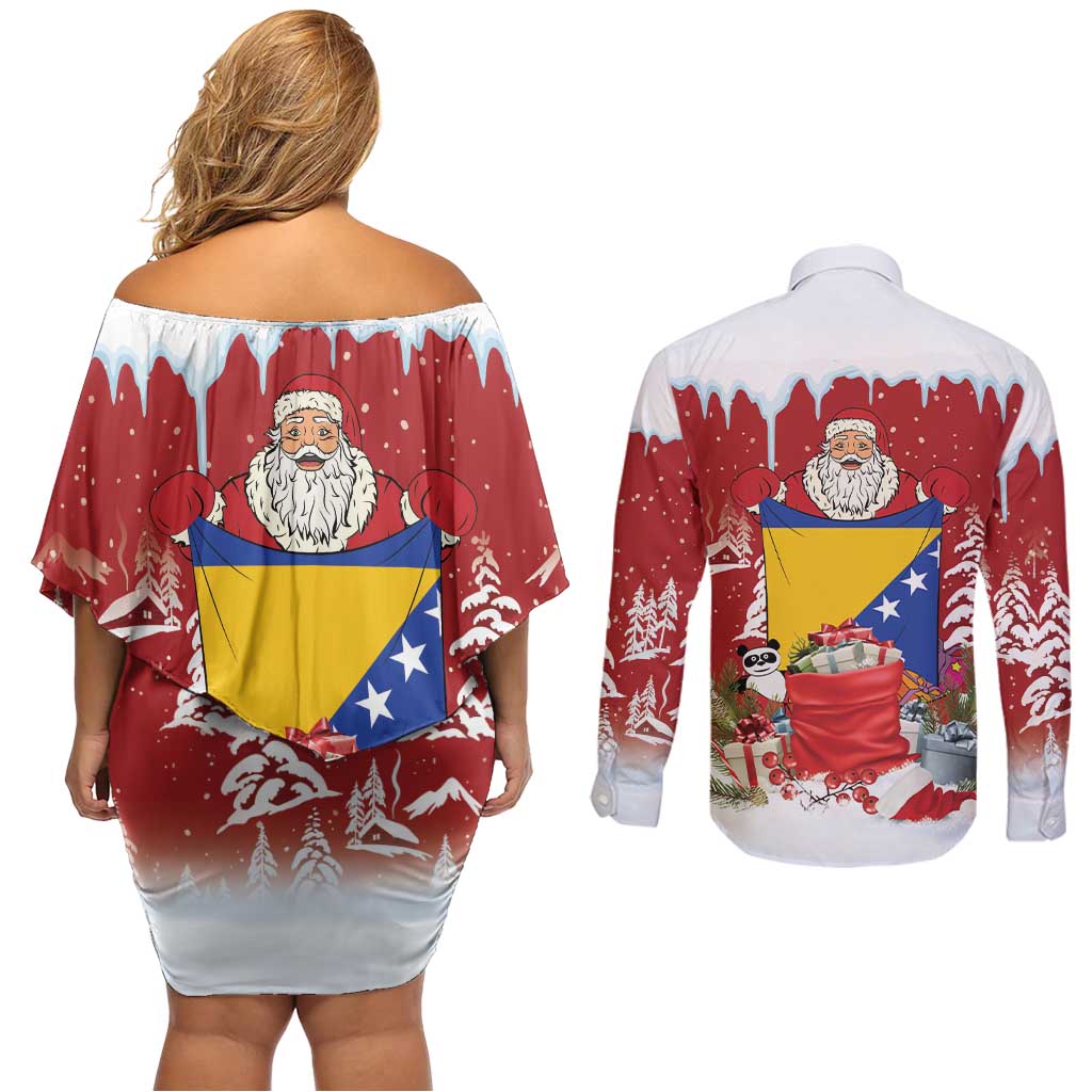 Bosnia and Herzegovina Christmas Couples Matching Off Shoulder Short Dress and Long Sleeve Button Shirt Santa With National Flag - Wonder Print Shop