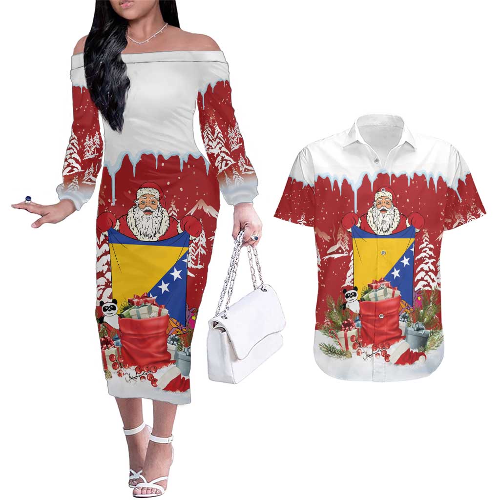 Bosnia and Herzegovina Christmas Couples Matching Off The Shoulder Long Sleeve Dress and Hawaiian Shirt Santa With National Flag - Wonder Print Shop