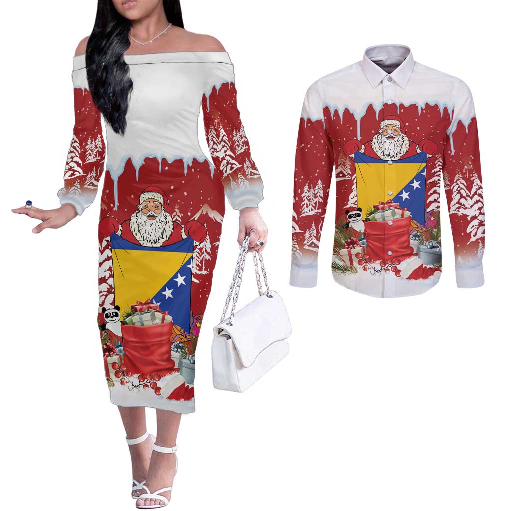 Bosnia and Herzegovina Christmas Couples Matching Off The Shoulder Long Sleeve Dress and Long Sleeve Button Shirt Santa With National Flag - Wonder Print Shop