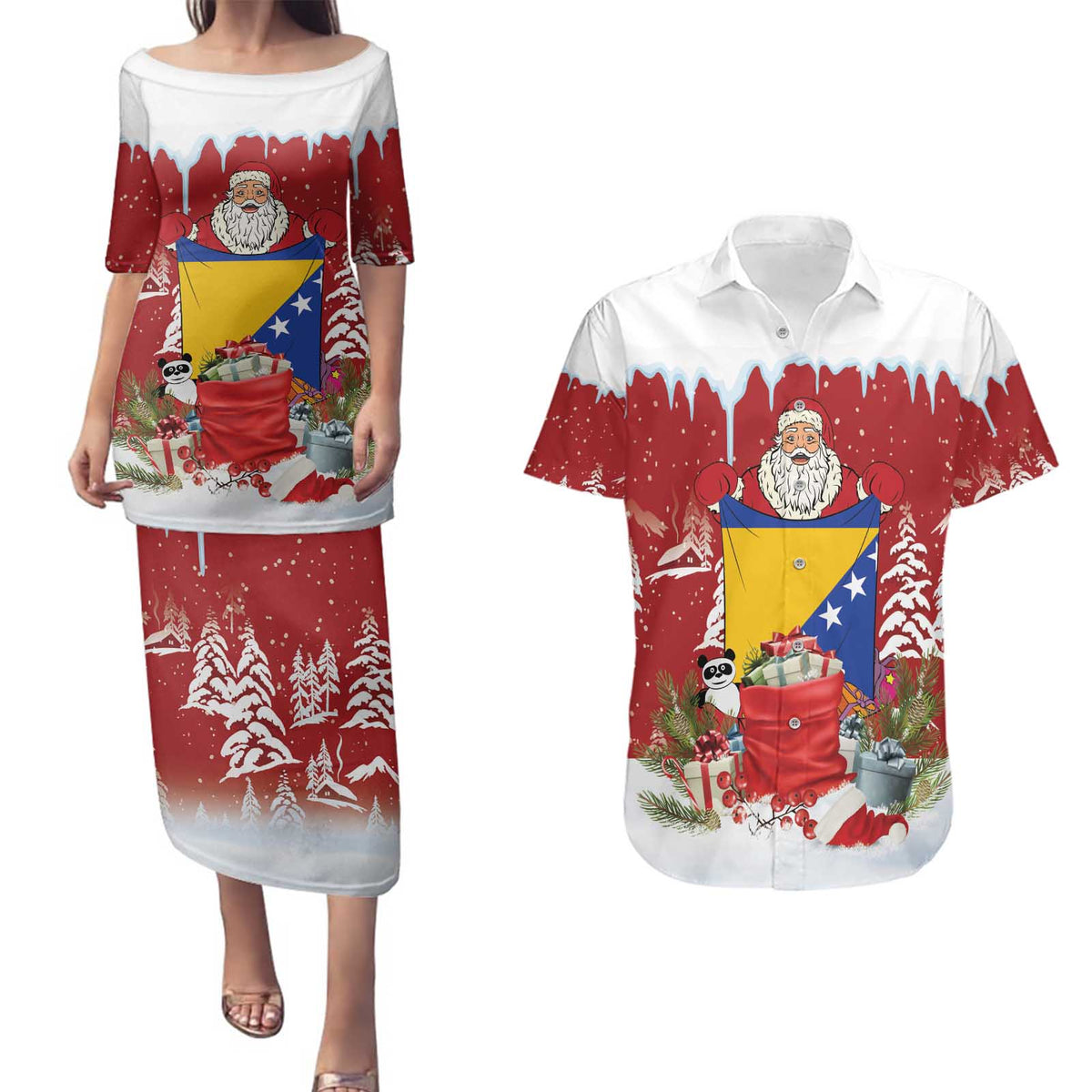 Bosnia and Herzegovina Christmas Couples Matching Puletasi and Hawaiian Shirt Santa With National Flag - Wonder Print Shop
