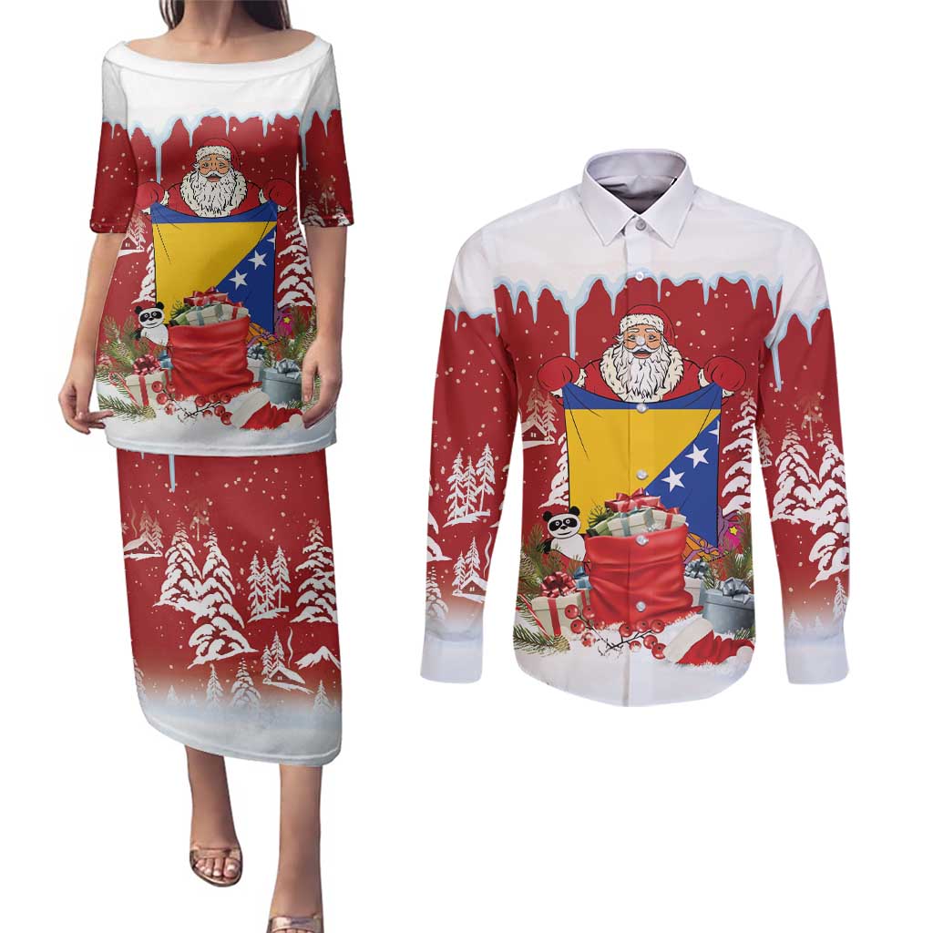 Bosnia and Herzegovina Christmas Couples Matching Puletasi and Long Sleeve Button Shirt Santa With National Flag - Wonder Print Shop