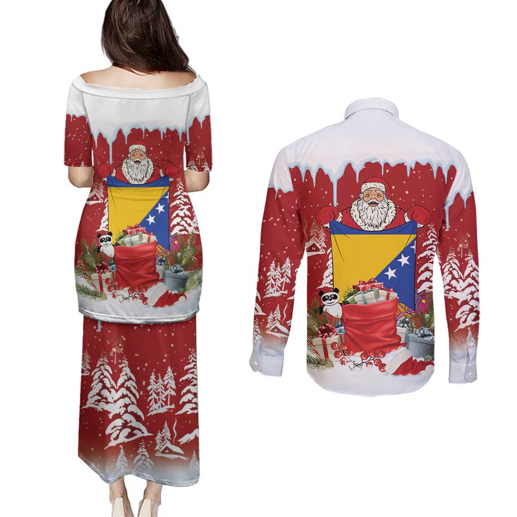 Bosnia and Herzegovina Christmas Couples Matching Puletasi and Long Sleeve Button Shirt Santa With National Flag - Wonder Print Shop
