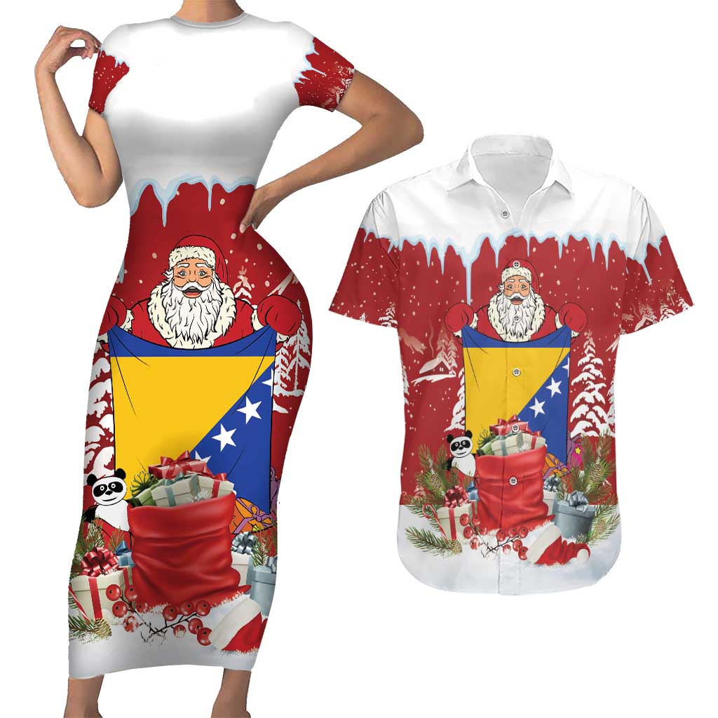 Bosnia and Herzegovina Christmas Couples Matching Short Sleeve Bodycon Dress and Hawaiian Shirt Santa With National Flag - Wonder Print Shop