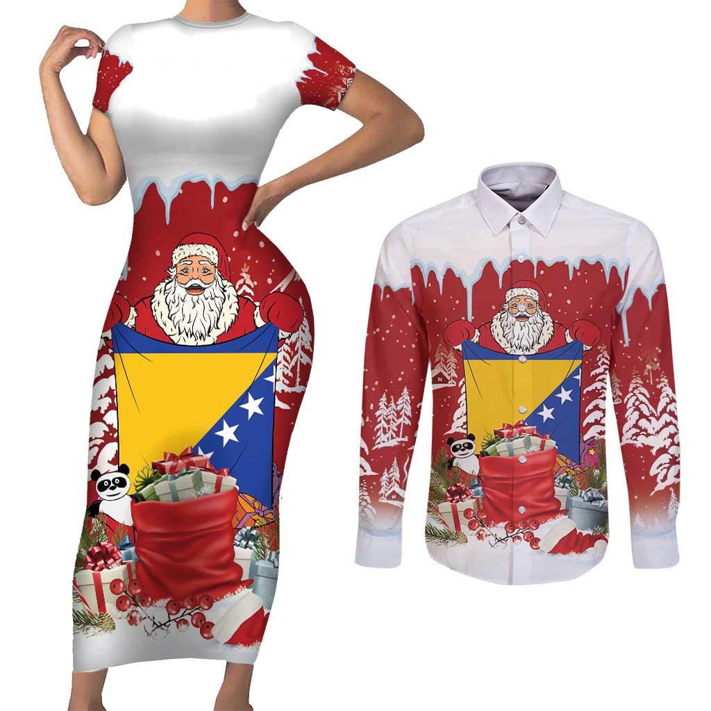 Bosnia and Herzegovina Christmas Couples Matching Short Sleeve Bodycon Dress and Long Sleeve Button Shirt Santa With National Flag - Wonder Print Shop
