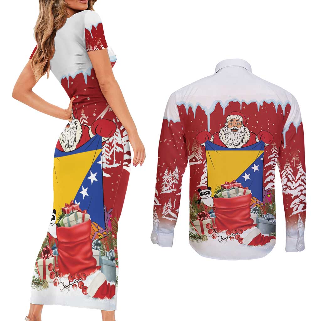 Bosnia and Herzegovina Christmas Couples Matching Short Sleeve Bodycon Dress and Long Sleeve Button Shirt Santa With National Flag - Wonder Print Shop