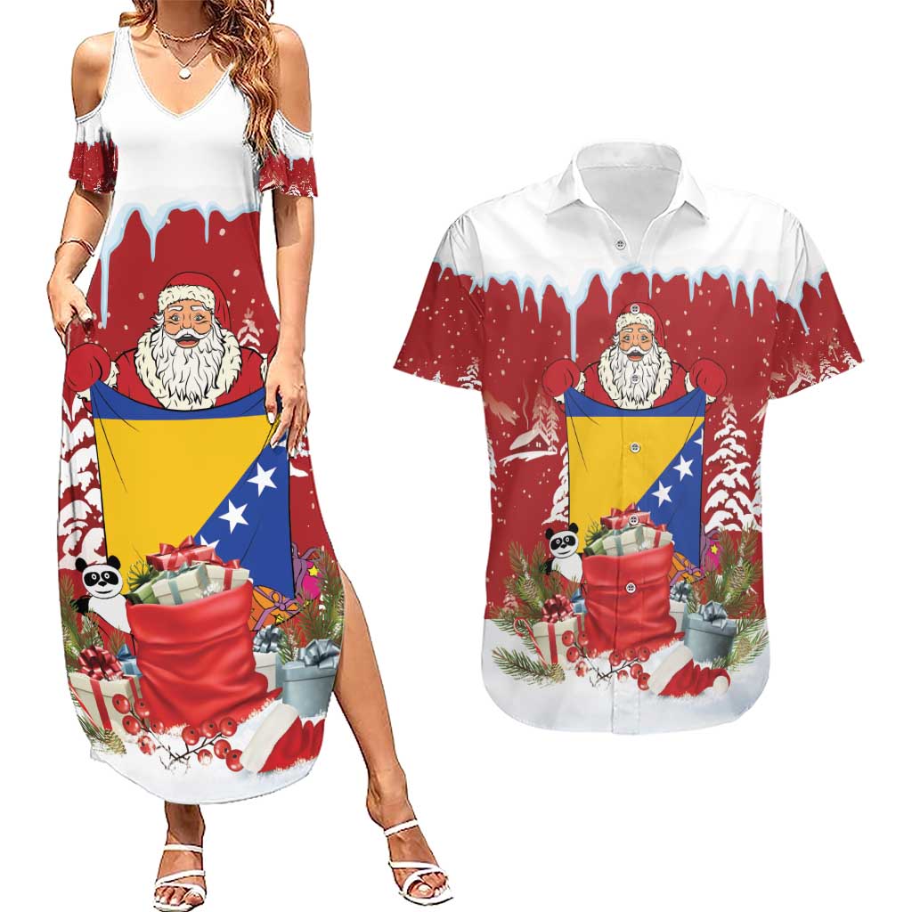 Bosnia and Herzegovina Christmas Couples Matching Summer Maxi Dress and Hawaiian Shirt Santa With National Flag - Wonder Print Shop