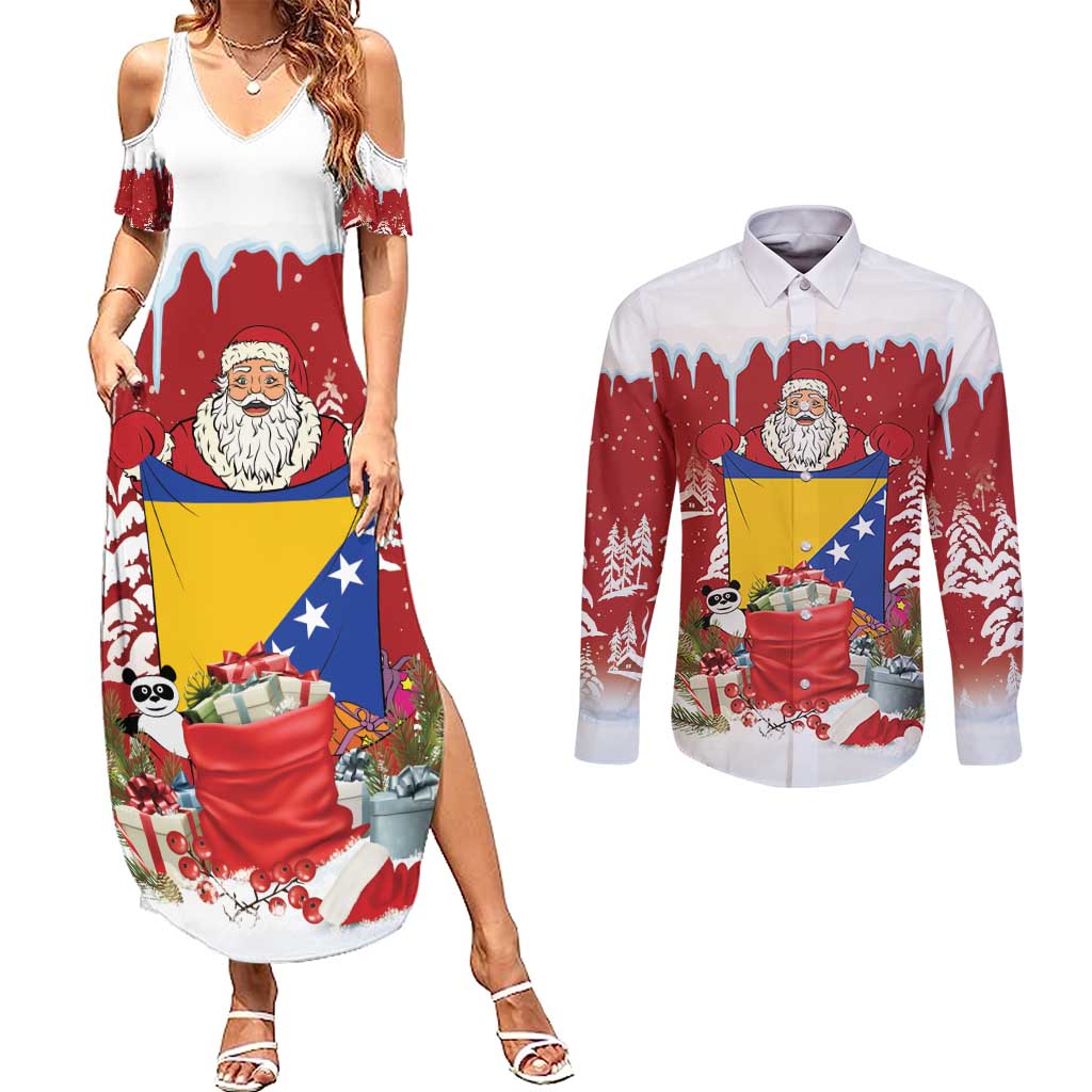 Bosnia and Herzegovina Christmas Couples Matching Summer Maxi Dress and Long Sleeve Button Shirt Santa With National Flag - Wonder Print Shop