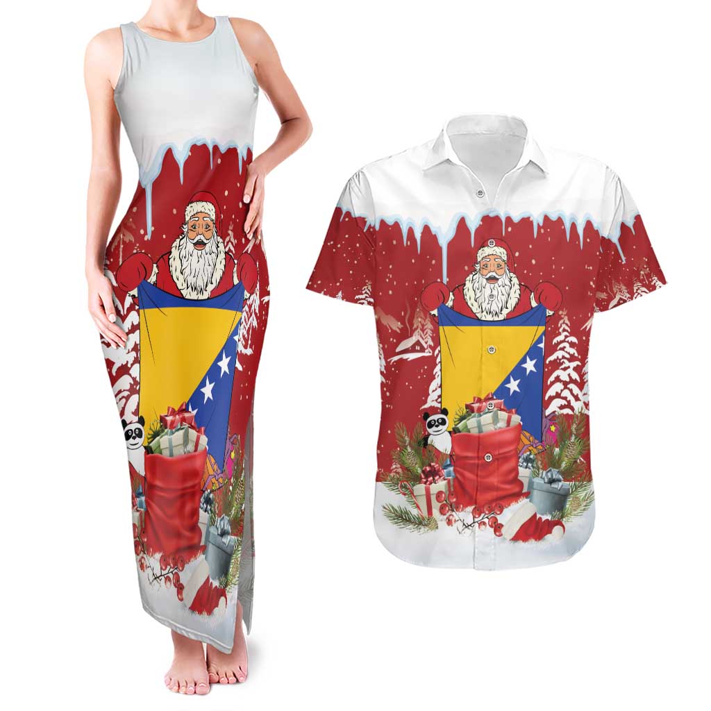 Bosnia and Herzegovina Christmas Couples Matching Tank Maxi Dress and Hawaiian Shirt Santa With National Flag - Wonder Print Shop