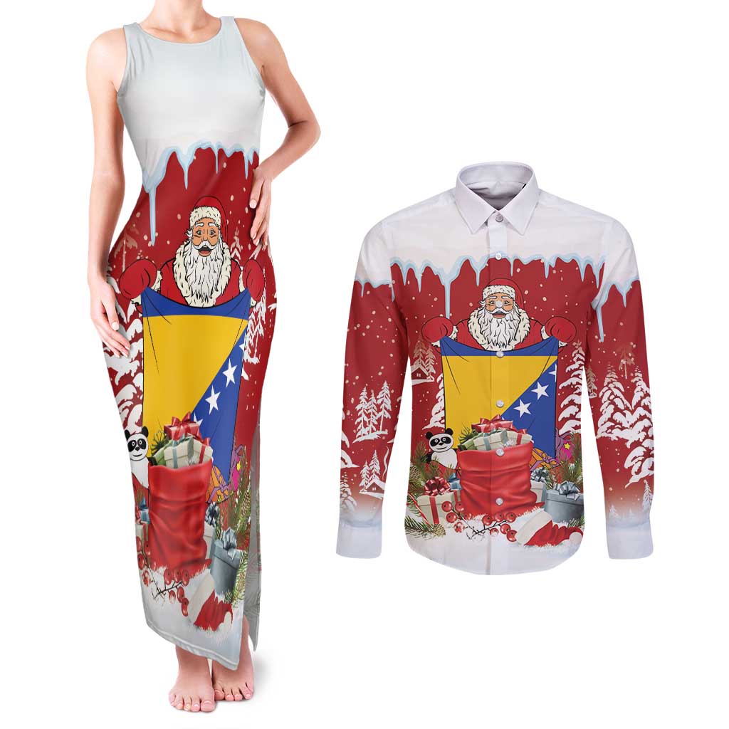 Bosnia and Herzegovina Christmas Couples Matching Tank Maxi Dress and Long Sleeve Button Shirt Santa With National Flag - Wonder Print Shop
